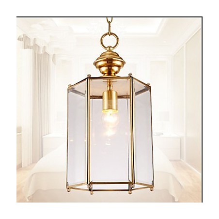 Lámpara colgante pequeña estilo country americano, de cobre y vidrio simple. Lámpara colgante pequeña estilo country americano, de cobre y vidrio simple.