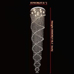 Lámparas de techo colgantes con cristal K9 de doble espiral, diámetro 70 cm, altura 300 cm.