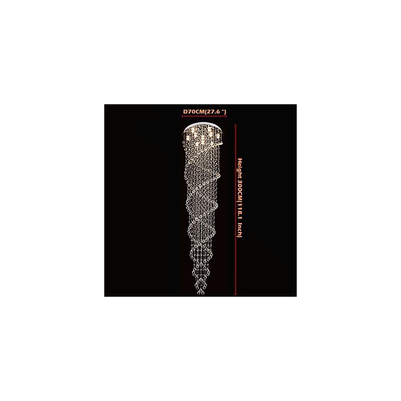 Lámparas de techo colgantes con cristal K9 de doble espiral, diámetro 70 cm, altura 300 cm.