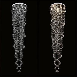 Lámparas de techo colgantes con cristal K9 de doble espiral, diámetro 70 cm, altura 300 cm.