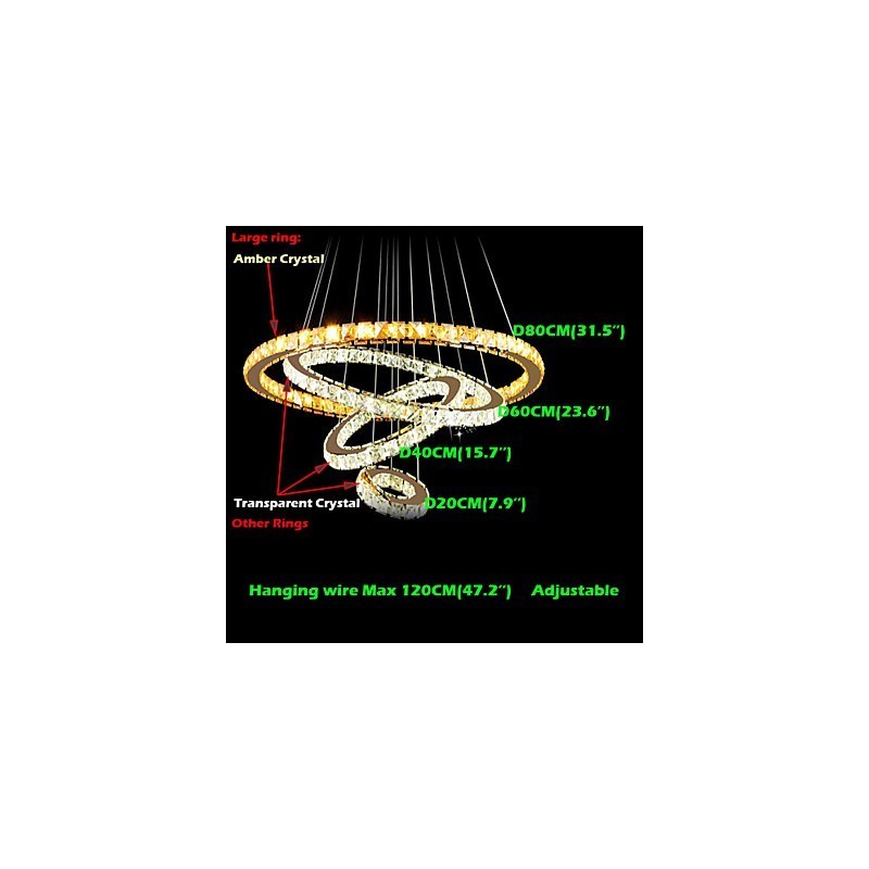 Lámparas colgantes Lámpara de techo Lámpara de araña Iluminación Redonda 4 anillos Anillo grande Cristal ámbar y otros cristales transparentes