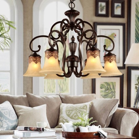 Lámpara colgante de araña de 6 luces, estilo vintage, estilo rústico, de metal y cristal. Lámpara colgante de araña de 6 luces, estilo vintage, estilo rústico, de metal y cristal.