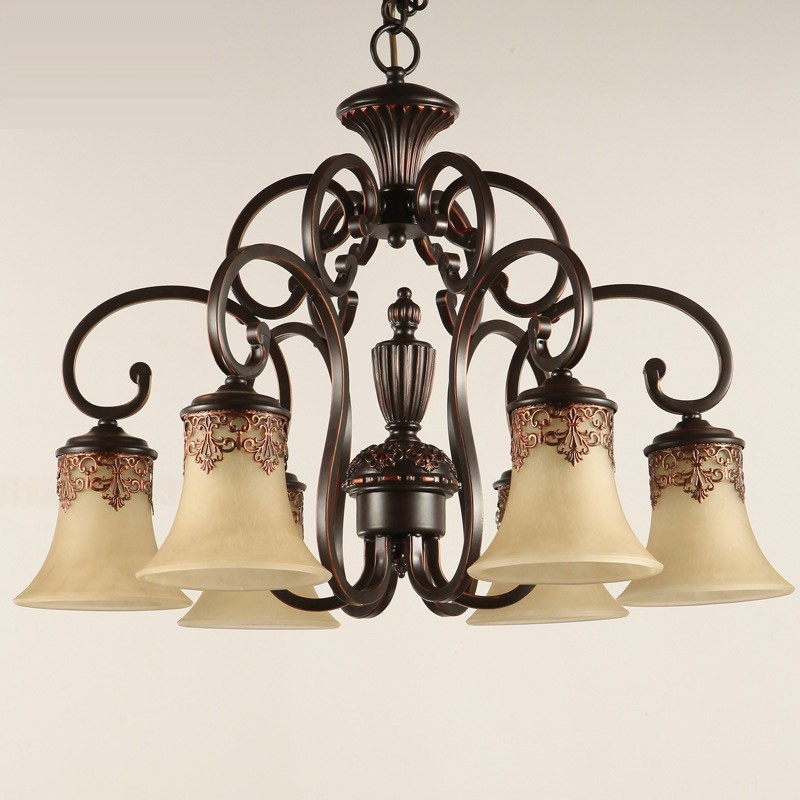 Lámpara colgante de araña de 6 luces, estilo vintage, estilo rústico, de metal y cristal.