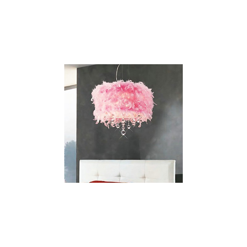 Lámpara colgante de cristal con 5 luces y pantalla de plumas rosas