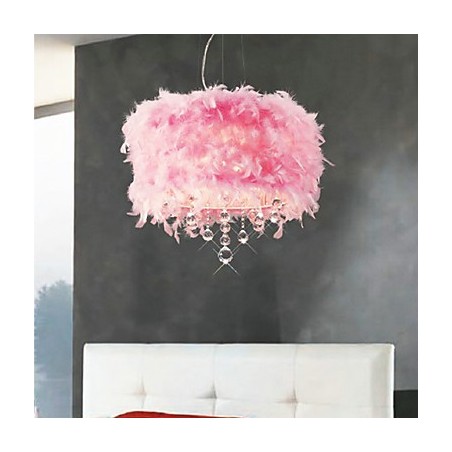 Lámpara colgante de cristal con 5 luces y pantalla de plumas rosas Lámpara colgante de cristal con 5 luces y pantalla de plumas rosas