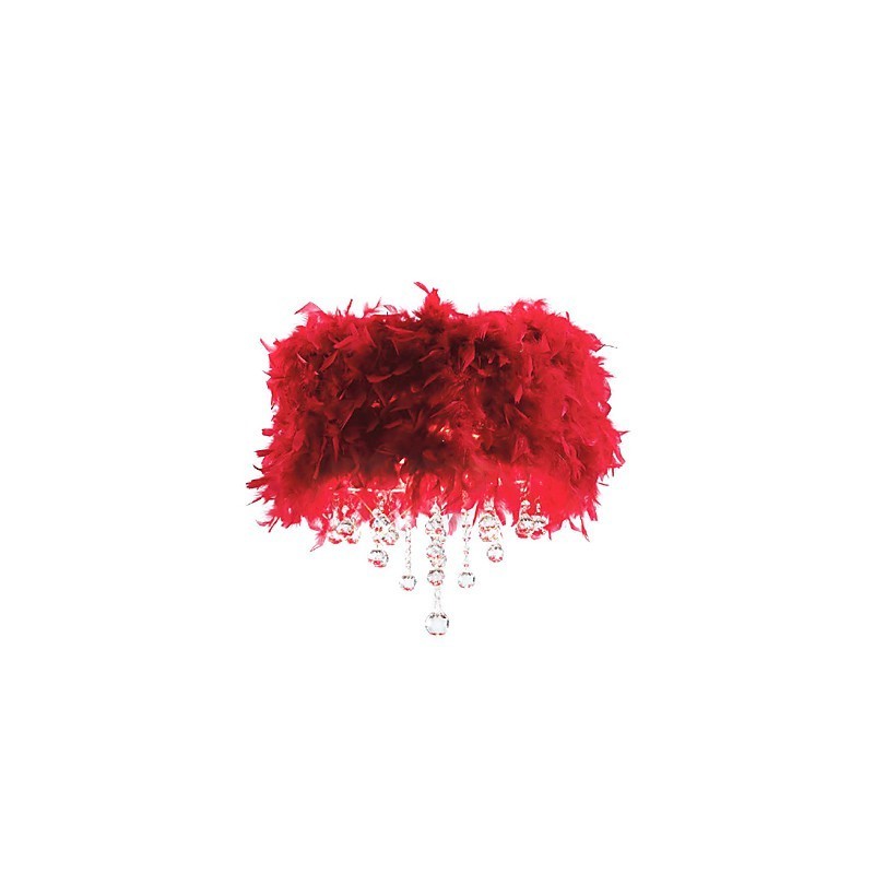 Lámpara colgante de cristal con 3 luces y pantalla de plumas rojas