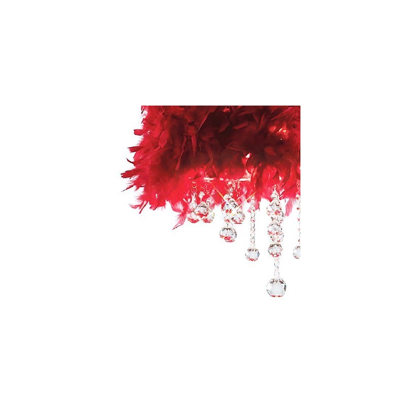 Lámpara colgante de cristal con 3 luces y pantalla de plumas rojas