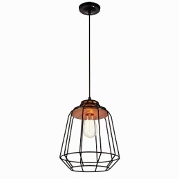 Lámpara colgante de hierro pintado con centro de madera y jaula de hierro