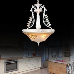 Lámpara colgante blanca de tres luces con pantalla de cristal dorado a mano, estilo retro clásico europeo.