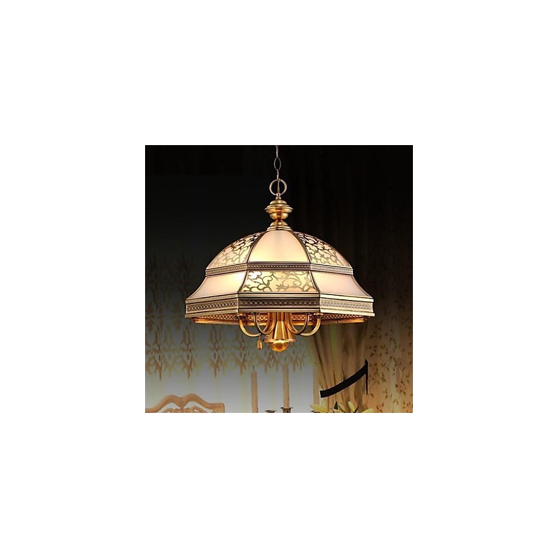 Lámpara colgante de latón de seis luces vintage con cristal de cobre.