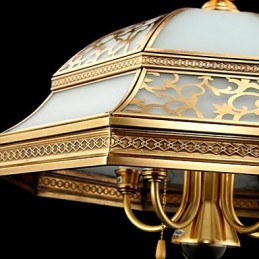 Lámpara colgante de latón de seis luces vintage con cristal de cobre.