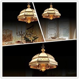 Lámpara colgante de latón de seis luces vintage con cristal de cobre.