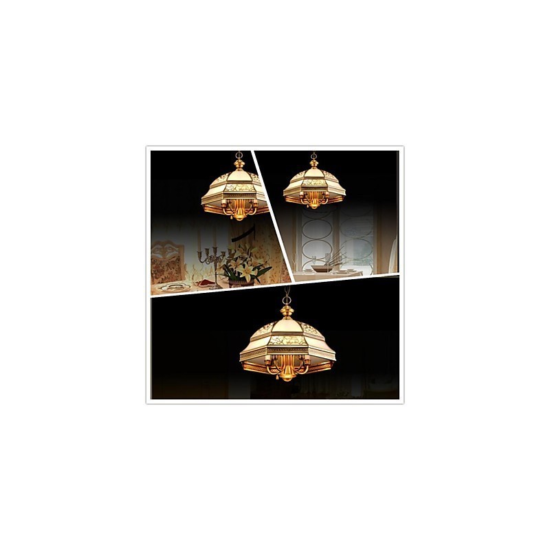 Lámpara colgante de latón de seis luces vintage con cristal de cobre.