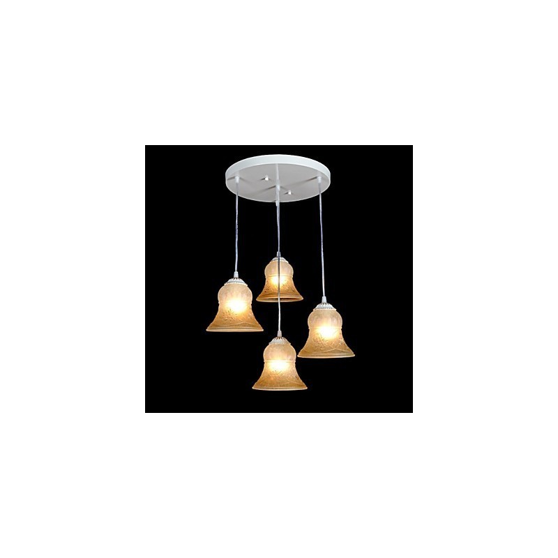 Lámpara colgante blanca de cuatro luces con pantalla de cristal dorado a mano, estilo retro europeo clásico.