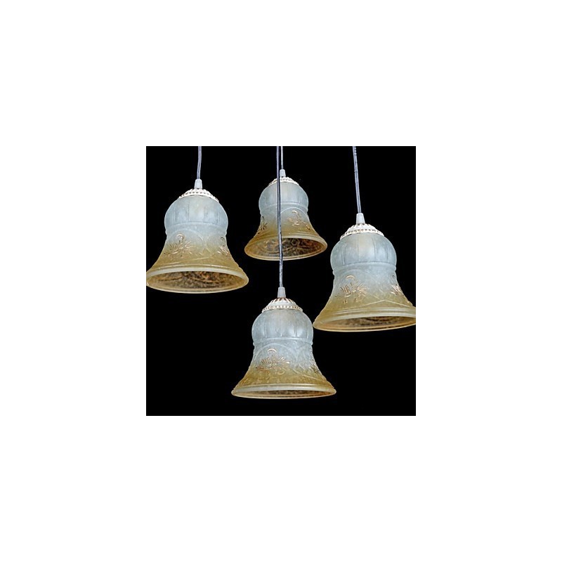 Lámpara colgante blanca de cuatro luces con pantalla de cristal dorado a mano, estilo retro europeo clásico.