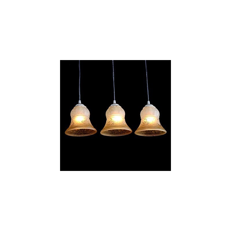 Lámpara colgante blanca de tres luces con pantalla de cristal dorado a mano, estilo retro clásico europeo.