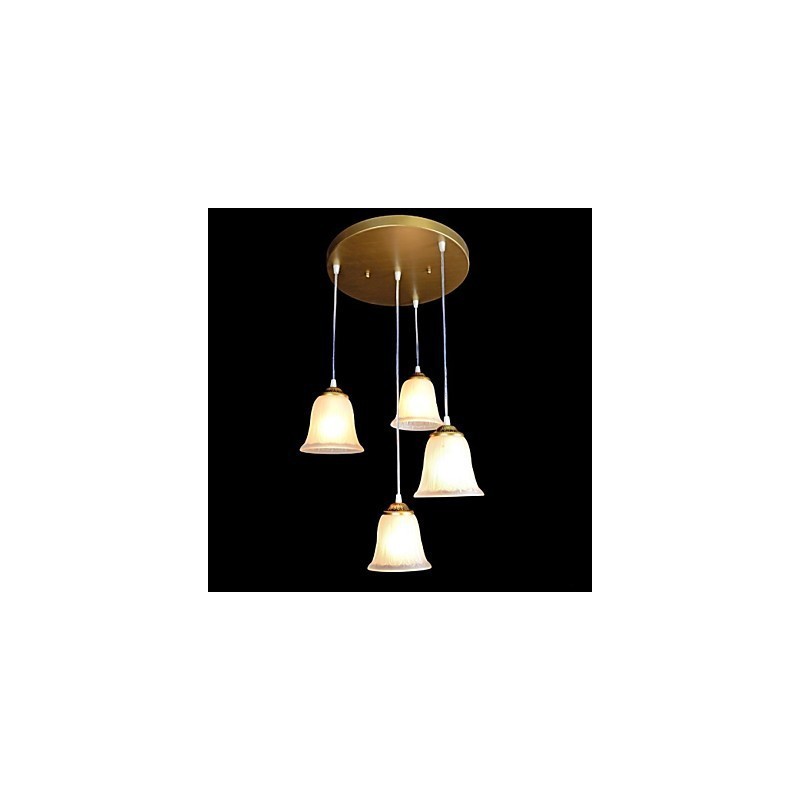 Lámpara colgante de bronce con cuatro luces y pantalla de cristal, estilo retro clásico europeo.