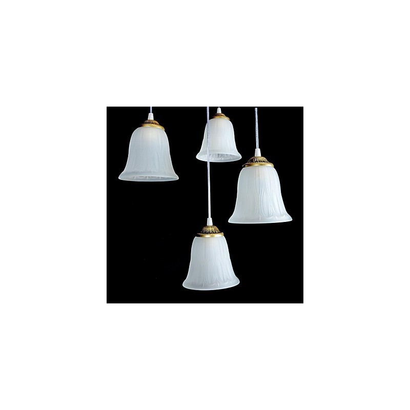 Lámpara colgante de bronce con cuatro luces y pantalla de cristal, estilo retro clásico europeo.