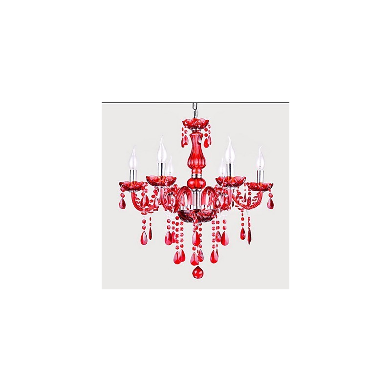 Lámpara de araña moderna de lujo de cristal rojo de 6 luces