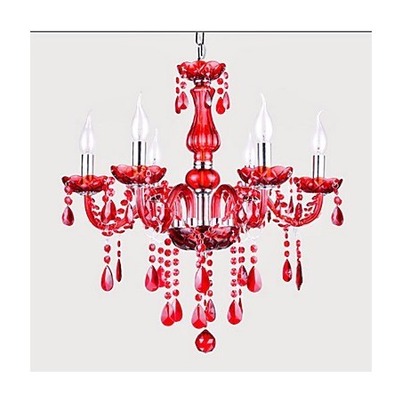 Lámpara de araña moderna de lujo de cristal rojo de 6 luces Lámpara de araña moderna de lujo de cristal rojo de 6 luces
