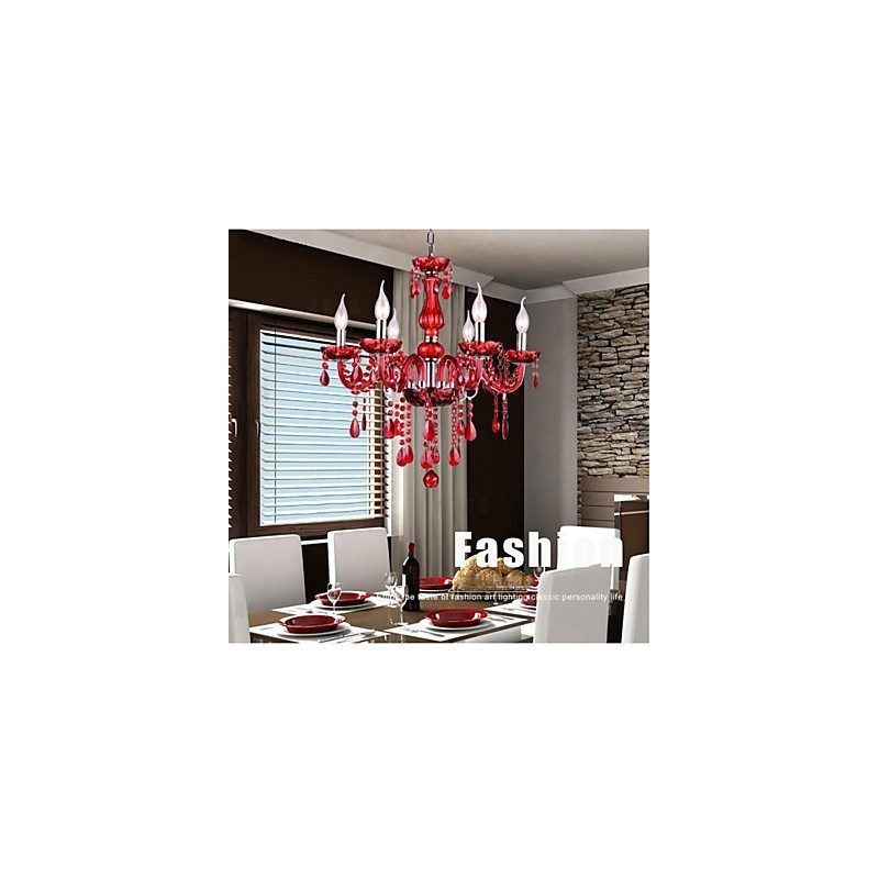 Lámpara de araña moderna de lujo de cristal rojo de 6 luces