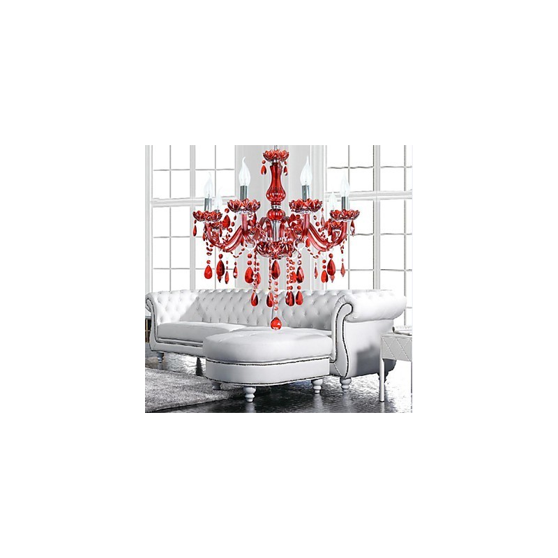 Lámpara de araña moderna de lujo de cristal rojo de 6 luces