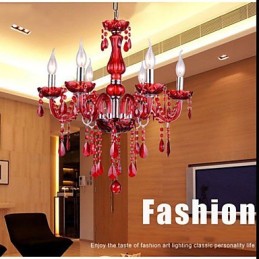 Lámpara de araña moderna de lujo de cristal rojo de 6 luces