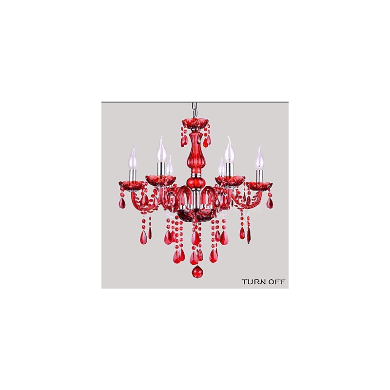 Lámpara de araña moderna de lujo de cristal rojo de 6 luces