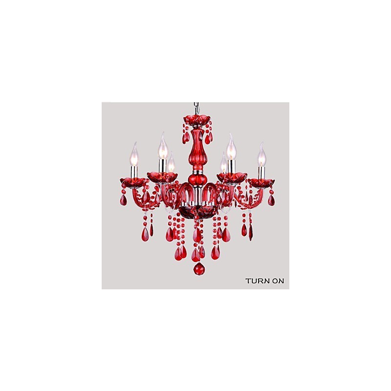 Lámpara de araña moderna de lujo de cristal rojo de 6 luces