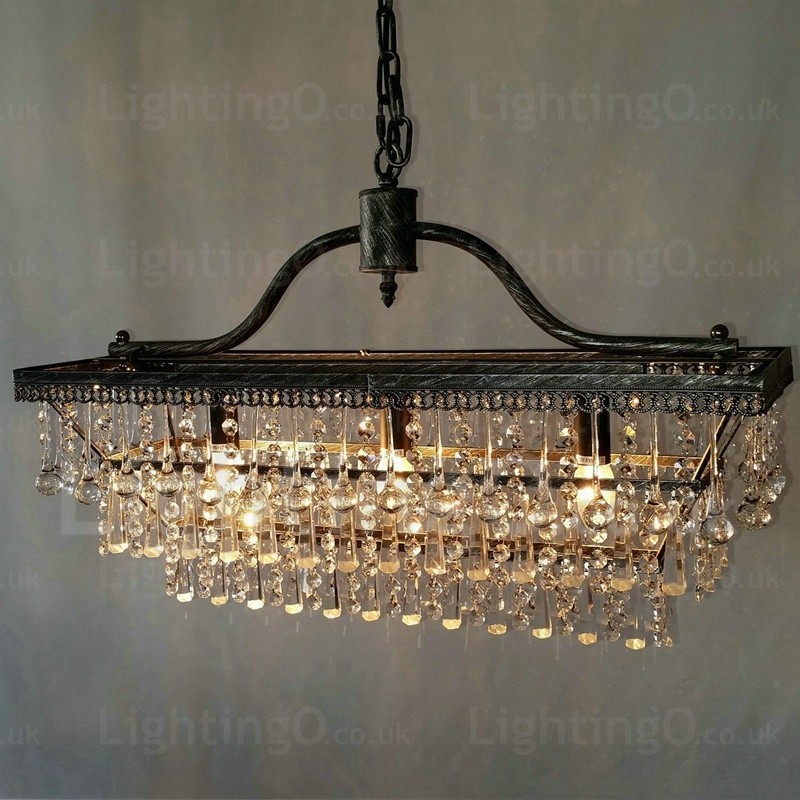 Lámpara de araña clásica tradicional de metal y cristal rectangular de 3 niveles para