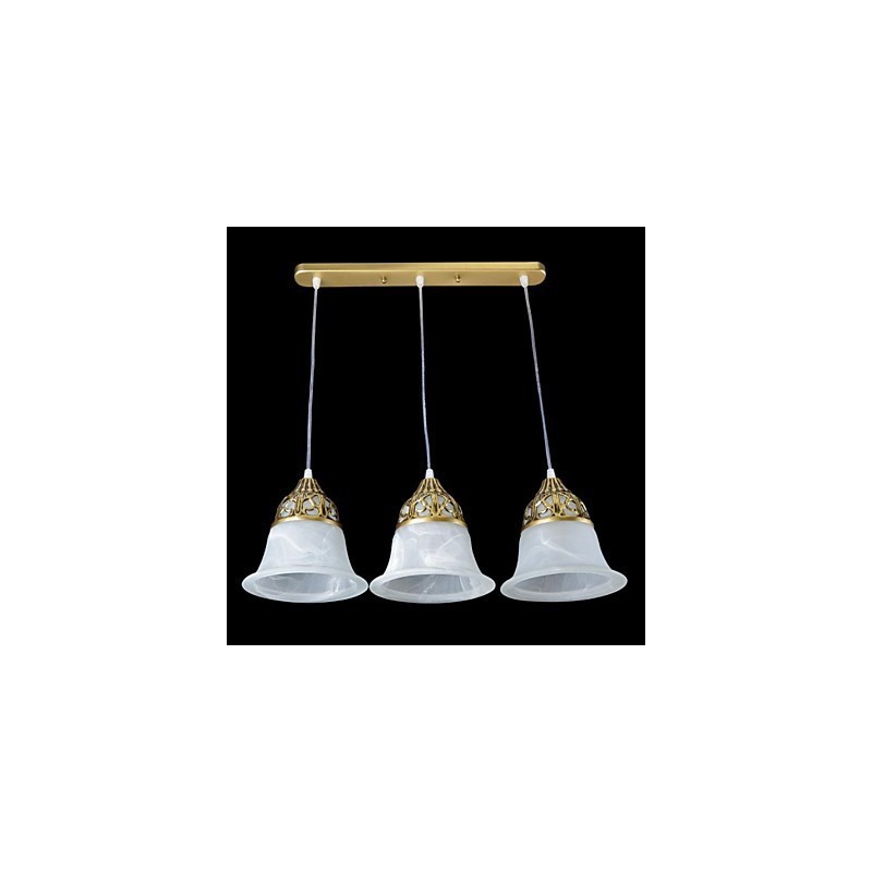 Lámpara colgante de bronce de tres luces con cristal muaré, estilo clásico europeo.