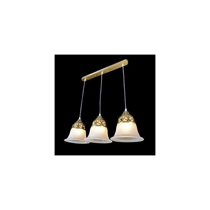 Lámpara colgante de bronce de tres luces con cristal muaré, estilo clásico europeo.