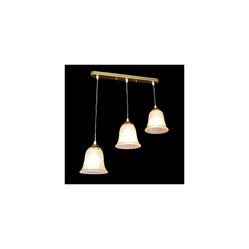 Lámpara colgante de bronce con tres luces y pantalla de cristal, estilo retro clásico europeo.