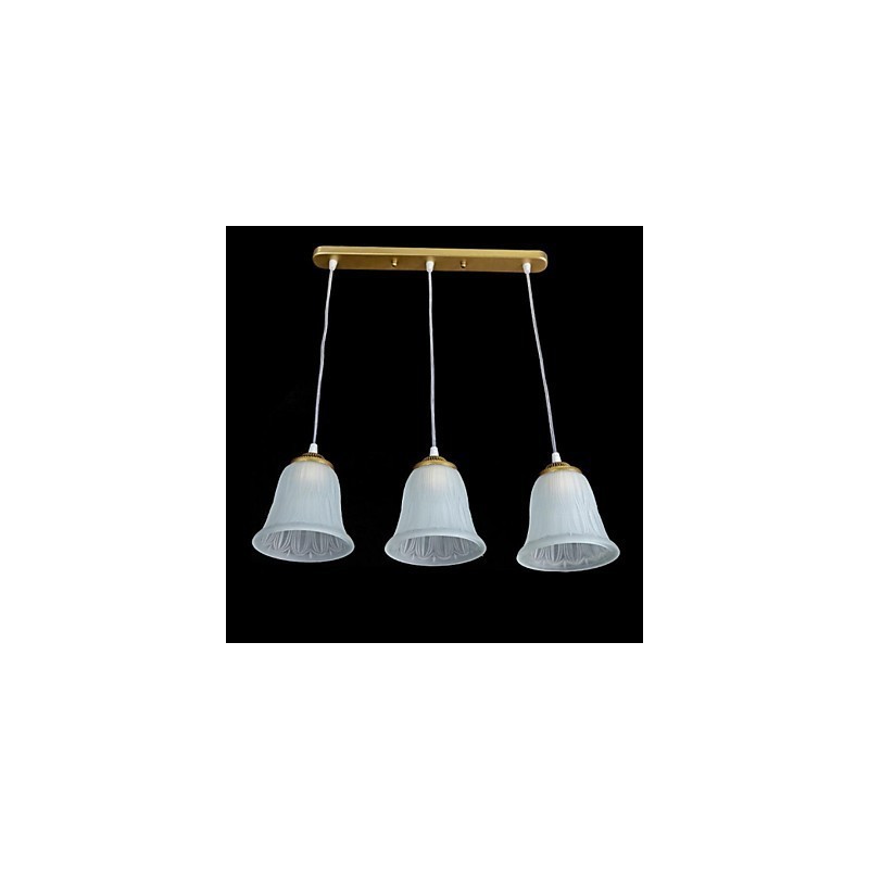 Lámpara colgante de bronce con tres luces y pantalla de cristal, estilo retro clásico europeo.