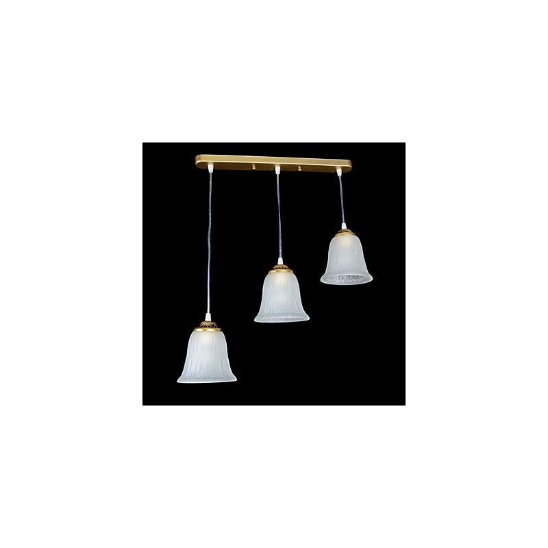 Lámpara colgante de bronce con tres luces y pantalla de cristal, estilo retro clásico europeo.