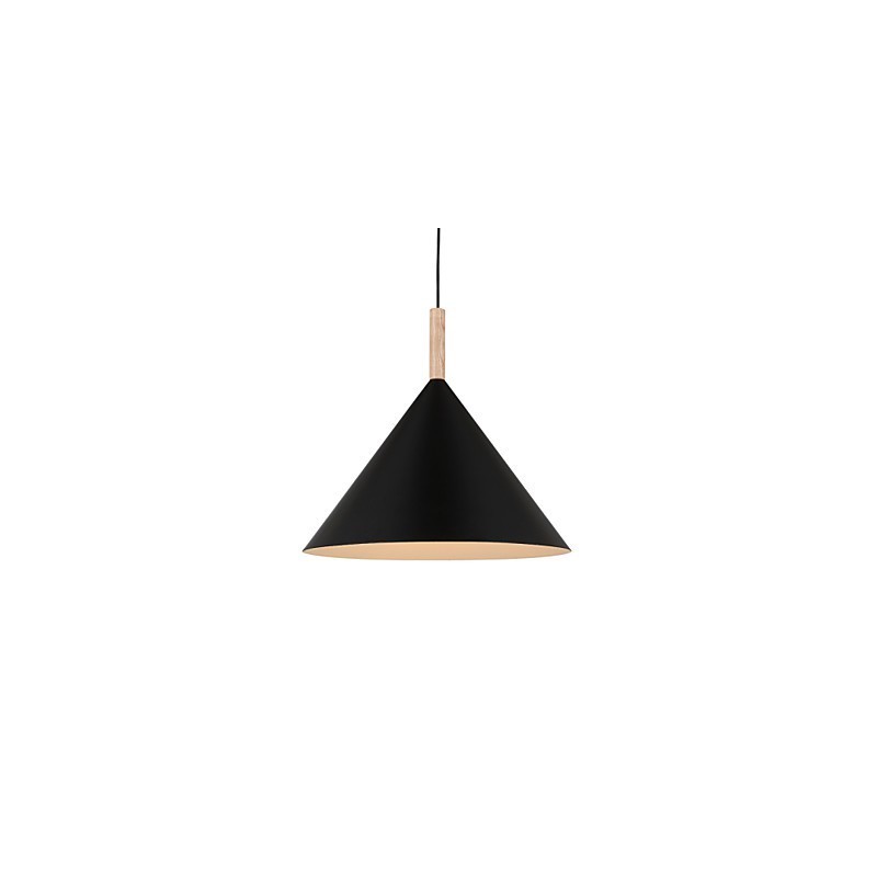 Lámpara colgante mini de cono artístico, 1 luz, acabado moderno y sencillo, aluminio blanco y negro y madera.