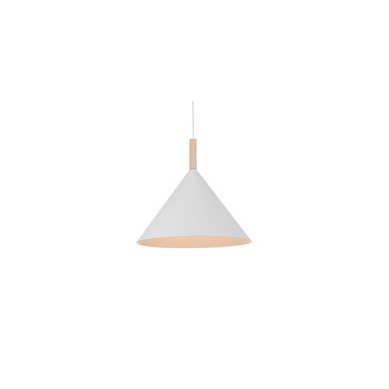 Lámpara colgante mini de cono artístico, 1 luz, acabado moderno y sencillo, aluminio blanco y negro y madera.