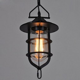Lámpara colgante vintage mediana de cristal y metal con forma de jaula negra