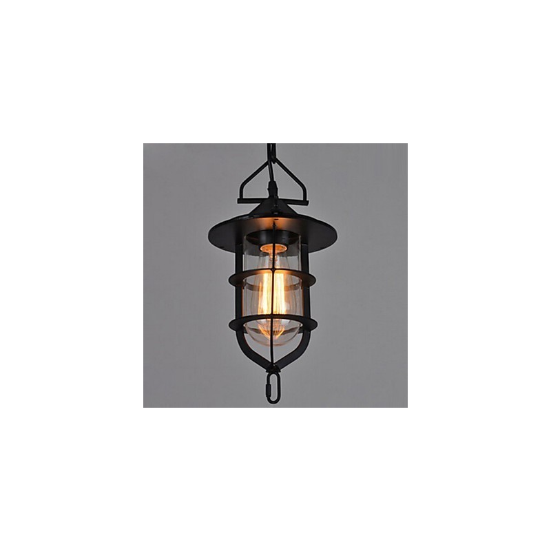 Lámpara colgante vintage mediana de cristal y metal con forma de jaula negra