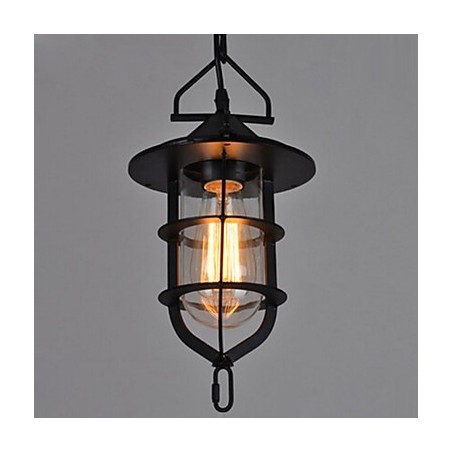 Lámpara colgante vintage mediana de cristal y metal con forma de jaula negra Lámpara colgante vintage mediana de cristal y metal con forma de jaula negra