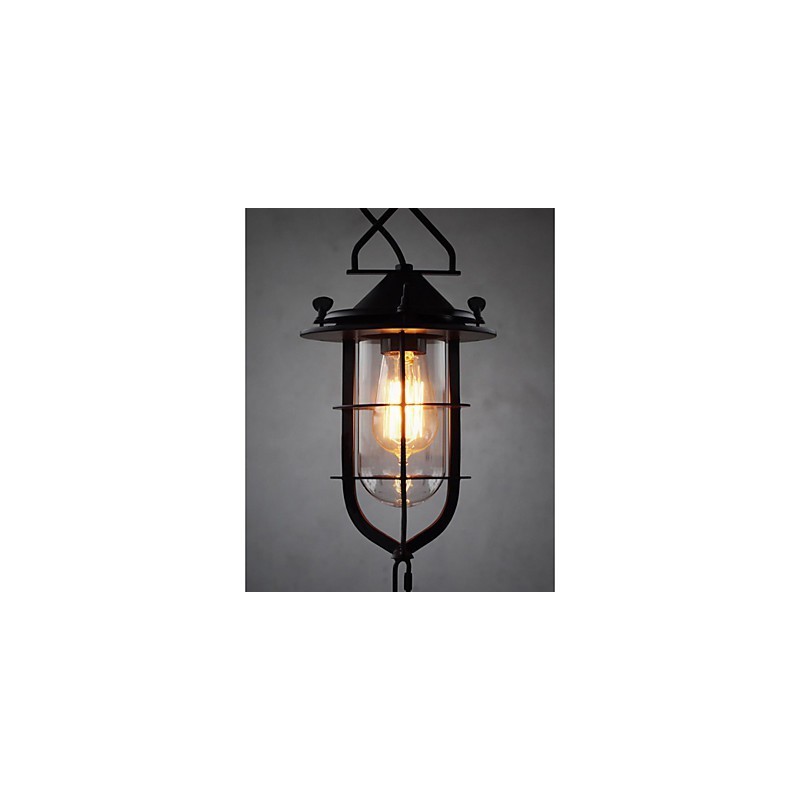 Lámpara colgante vintage mediana de cristal y metal con forma de jaula negra