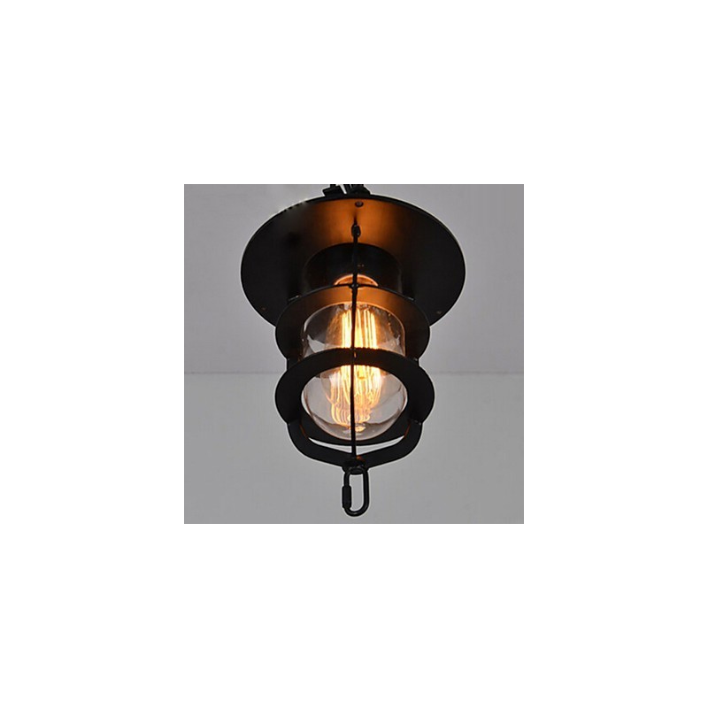 Lámpara colgante vintage mediana de cristal y metal con forma de jaula negra