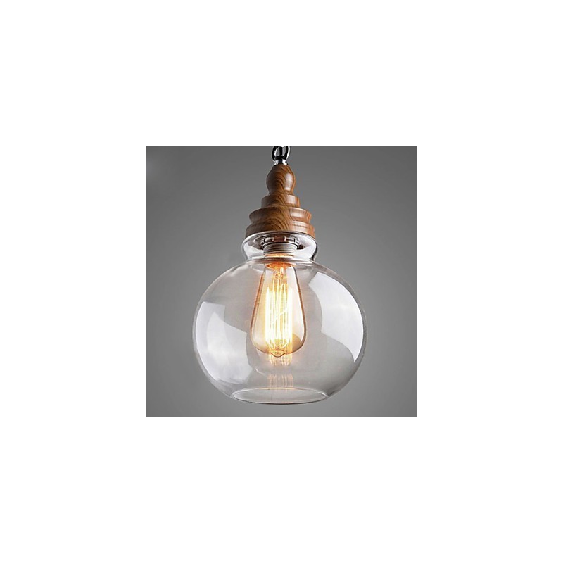 Lámpara colgante vintage de madera redonda con bola de cristal (diámetro de 19 cm)