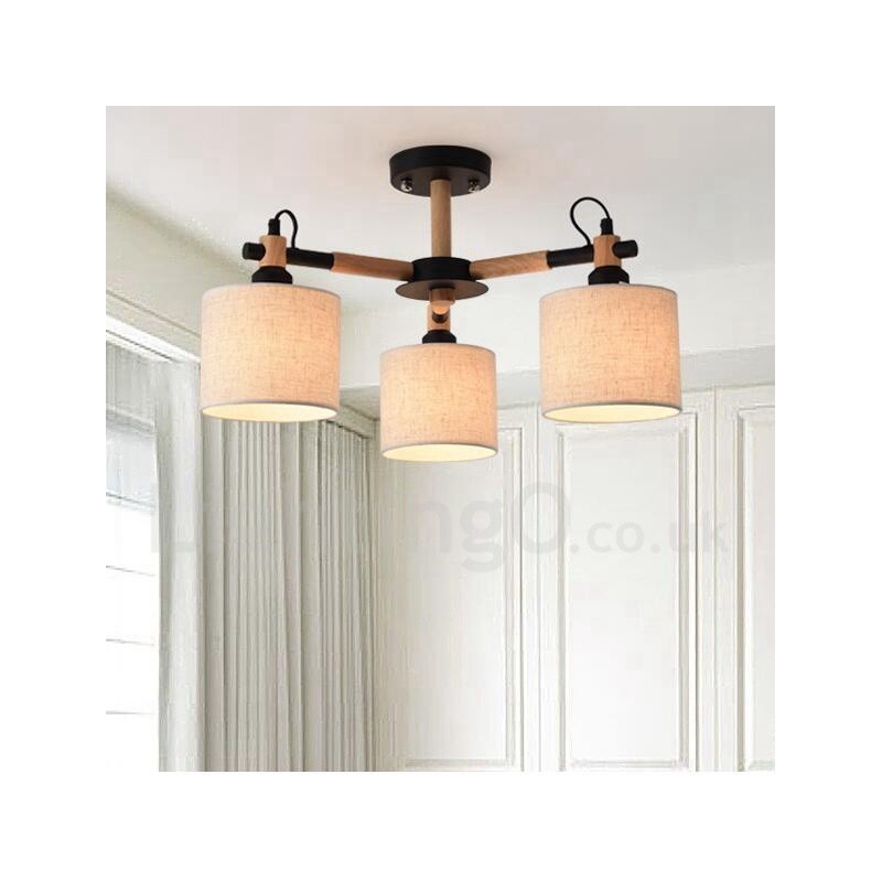 Lámpara de araña moderna contemporánea de madera de un solo nivel de 3 luces con pantalla de tela en forma de tambor y