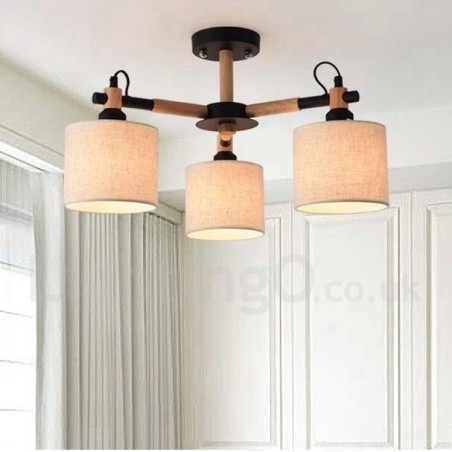 Lámpara de araña moderna contemporánea de madera de un solo nivel de 3 luces con pantalla de tela en forma de tambor y Lámpara de araña moderna contemporánea de madera de un solo nivel de 3 luces con pantalla de tela en forma de tambor y