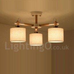 Lámpara de araña moderna contemporánea de madera de un solo nivel de 3 luces con pantalla de tela en forma de tambor y