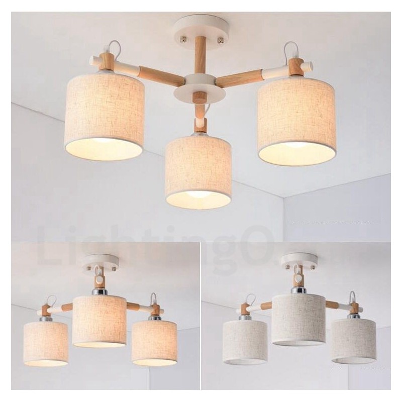 Lámpara de araña moderna contemporánea de madera de un solo nivel de 3 luces con pantalla de tela en forma de tambor y