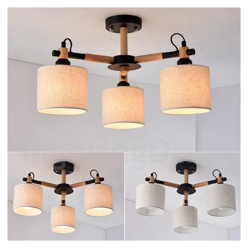 Lámpara de araña moderna contemporánea de madera de un solo nivel de 3 luces con pantalla de tela en forma de tambor y