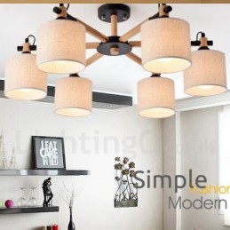 Lámpara de araña moderna y contemporánea de madera de un solo nivel con 6 luces y tela de tambor (blanco y negro)
