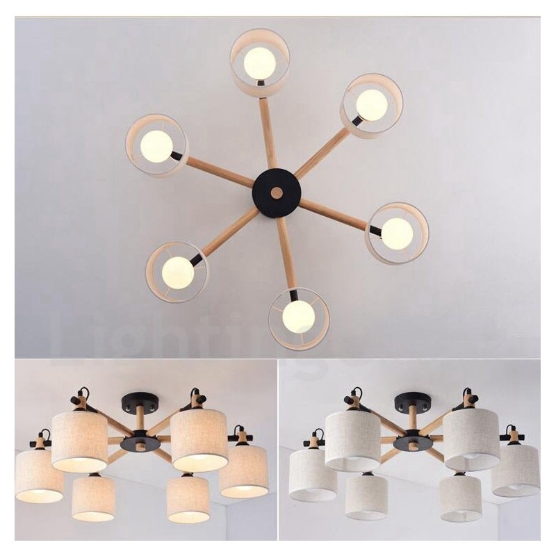 Lámpara de araña moderna y contemporánea de madera de un solo nivel con 6 luces y tela de tambor (blanco y negro)
